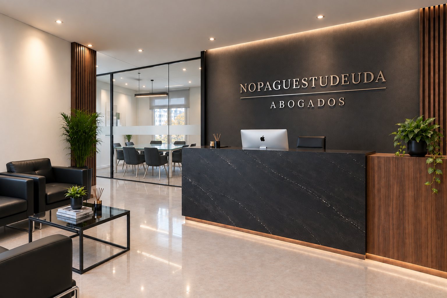 Recepción del despacho de abogados nopaguestudeuda en Barcelona, con el rótulo de la firma y la sala de reuniones al fondo